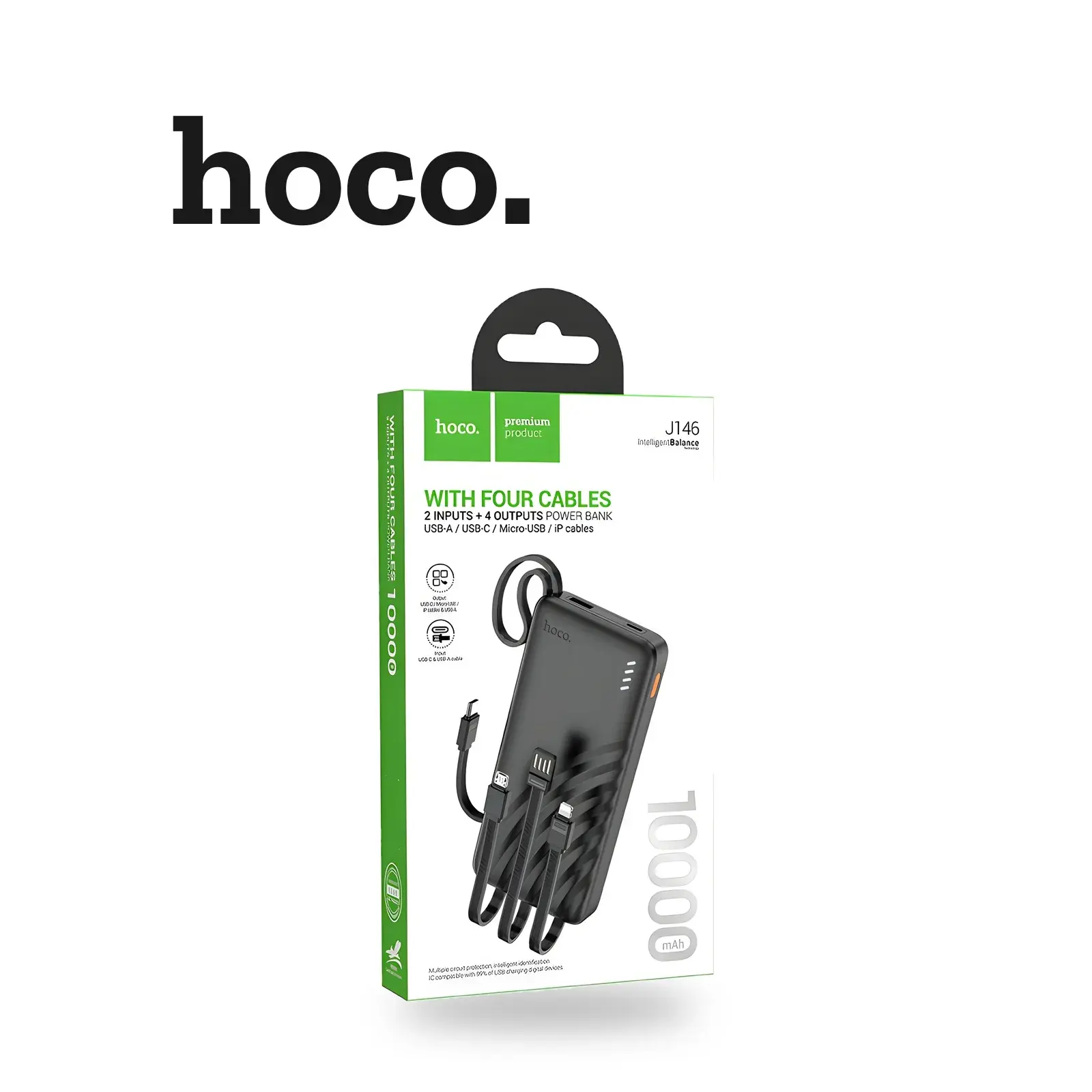 باور بانك hoco J146 سعة 10000 مللي أمبير مع 4 كوابل مدمجة